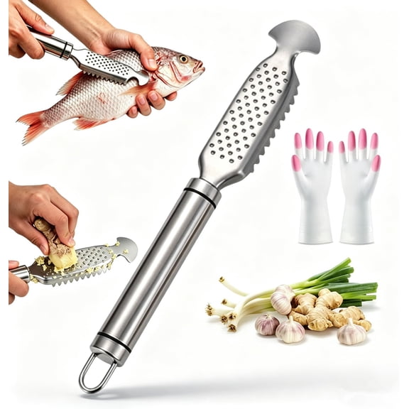 2-in-1 Stainless Steel Fish Scaler + Ginger Grater, Multifunction Stainless Steel Fish Scaler Remover, Manual Fish Descaler Tool & Garlic Grater Plate with Non-Slip Grip Handle for Kitchen (1pcs)