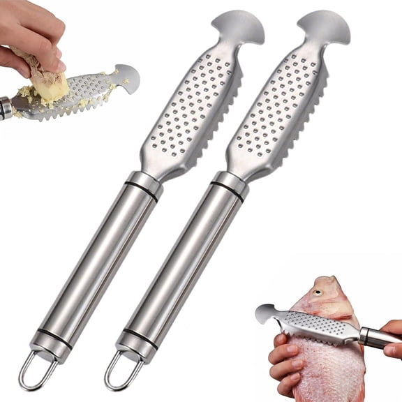 2-in-1 Stainless Steel Fish Scaler & Ginger Grater Non-Slip Kitchen Tool with Built-In Grater for Garlic, Ginger & Vegetables, Easy Clean(RL 2 PCS)