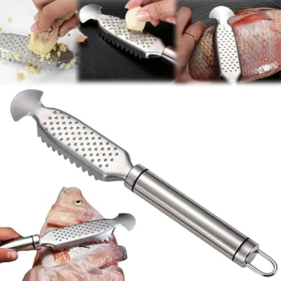 2-in-1 Stainless Steel Fish Scaler + Ginger Grater, Stainless Steel Fish Scaler with Hanging Handle, For Easy Descaling, Grating & Cleaning, Kitchen Tool for Pro Scale Remover (A, 2PCS)