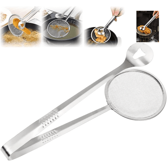 2-in-1 Stainless Steel Food Tongs and Oil Strainer, Fine Mesh Frying Clip for Scooping, Holding & Draining Fried Foods