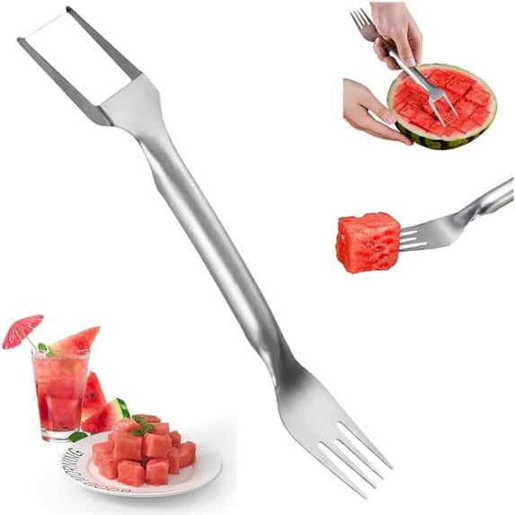 2-in-1 Stainless Steel Fruit Cutter, 2024 Portable Watermelon Fork Slicer Cutter Melon Cube Cutter Watermelon Fork Slicer Cutter Slicer Tool Quickly Fruit Forks Slicer for Home Kitchen Gadget
