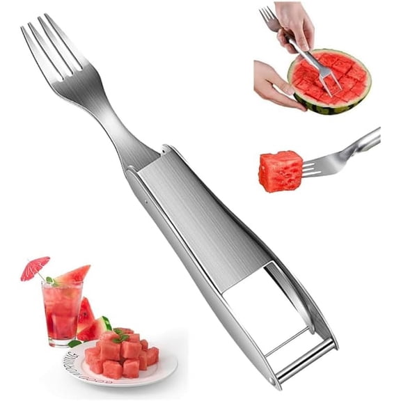 2-in-1 Stainless Steel Fruit Cutter, 2024 Portable Watermelon Fork Slicer Cutter Melon Cube Cutter Watermelon Fork Slicer Cutter Slicer Tool Quickly Fruit Forks Slicer for Home Kitchen Gadget
