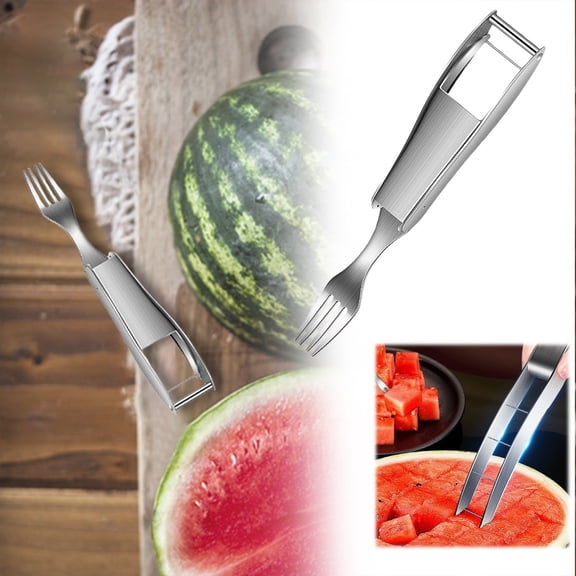 2-in-1 Stainless Steel Fruit Cutter, 2025 New Upgrade Dual Head Watermelon Fork Slicer Cutter Tool, 10.2 Inch Summer Watermelon Fruit Cutting Home Kitchen Gadgets