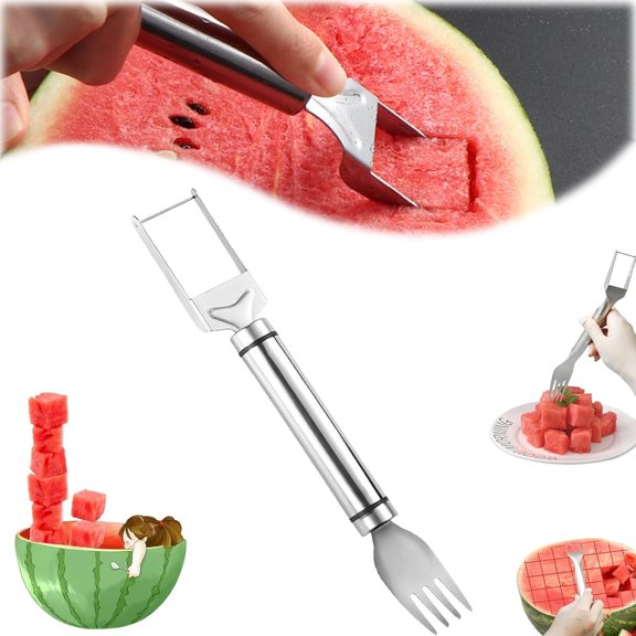 2-in-1 Stainless Steel Fruit Cutter, 2026 New Model Watermelon Cutter, Tool Forks Slicer Knife Kitchen Gadgets, Forfamily Parties Camping Summer Fruit Cutting Kitchen Gadget for Home