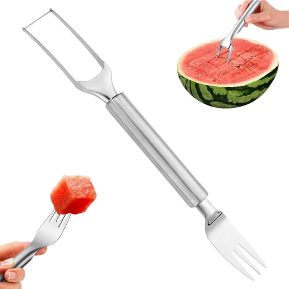 2-in-1 Stainless Steel Fruit Cutter,2026 New Upgrade Dual Head Watermelon Fork Slicer Tool,Summer Fruit Cutting Kitchen Gadget,Watermelon Fork Cutter for Home Party Camping Kitchen Gadget