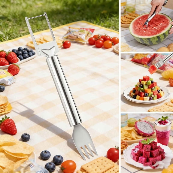 2-in-1 Stainless Steel Fruit Cutter,2026 Upgraded Watermelon Slicer Tool With Ergonomic Design Handle,Dual Head Fruit Forks With Chopping Function,Portable for Home,Kitchen and Camping