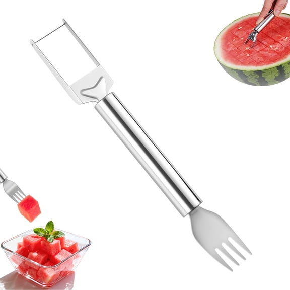 2-in-1 Stainless Steel Fruit Cutter - Dual Head Design for Fast Cube Cutting & Direct Serving, Ideal for Watermelon, Mango, and Soft Fruits