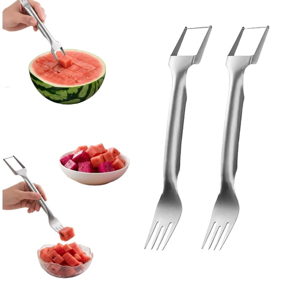 2-in-1 Stainless Steel Fruit Cutter – Dual Head Watermelon Fork Slicer Tool, Summer Fruit Cutting Kitchen Gadget for Home, 2PCS Watermelon Cutter Set