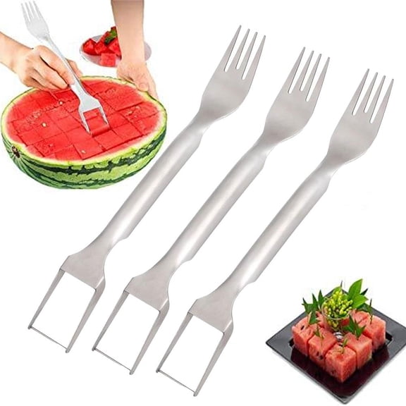 2-in-1 Stainless Steel Fruit Cutter & Fork - Dual Head Melon Slicer Tool for Watermelon, Summer Kitchen Gadget for Parties & Camping