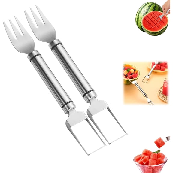 2-in-1 Stainless Steel Fruit Cutter, Upgraded Watermelon Slicer, Summer Watermelon Fruit Cutting Home Kitchen Gadgets, Watermelons Fork Cutter for Home Party Camping Kitchen Gadget (2pcs)