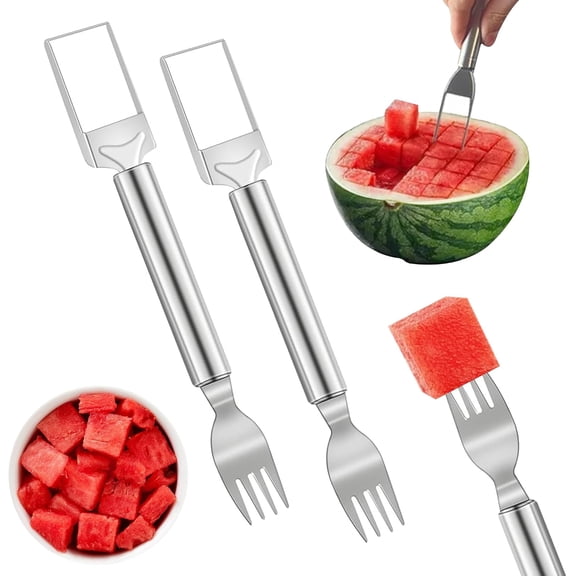 2-in-1 Stainless Steel Fruit Cutter, Watermelon Fork Slicer Fruit Cutter, Portable Melon Slicer and Cubing Tool,Easy to Use Kitchen Gadget