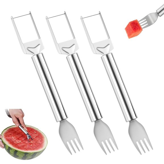 2-in-1 Stainless Steel Fruit Cutter, Watermelon Fork Slicer Tool, Dual Head Watermelon Slicer and Fork for Fruit Cubes, Kitchen Fruit Cutting Tool