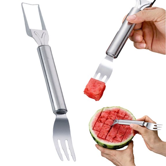 2-in-1 Stainless Steel Fruit Cutter, Watermelon fork Slicer tool, Watermelon Slicer and fork, Dual Head Knife with Round Handle for Kitchen Fruit Cubes (1 Piece)