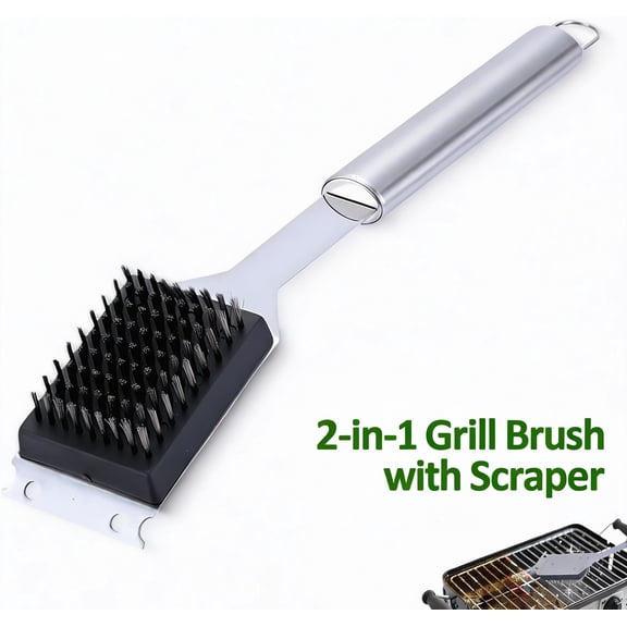 2-in-1 Stainless Steel Grill Brush with Scraper | Heavy Duty BBQ Cleaning Tool for Gas, Charcoal & Electric Grills | Professional Grade Grill Brush for Deep Cleaning