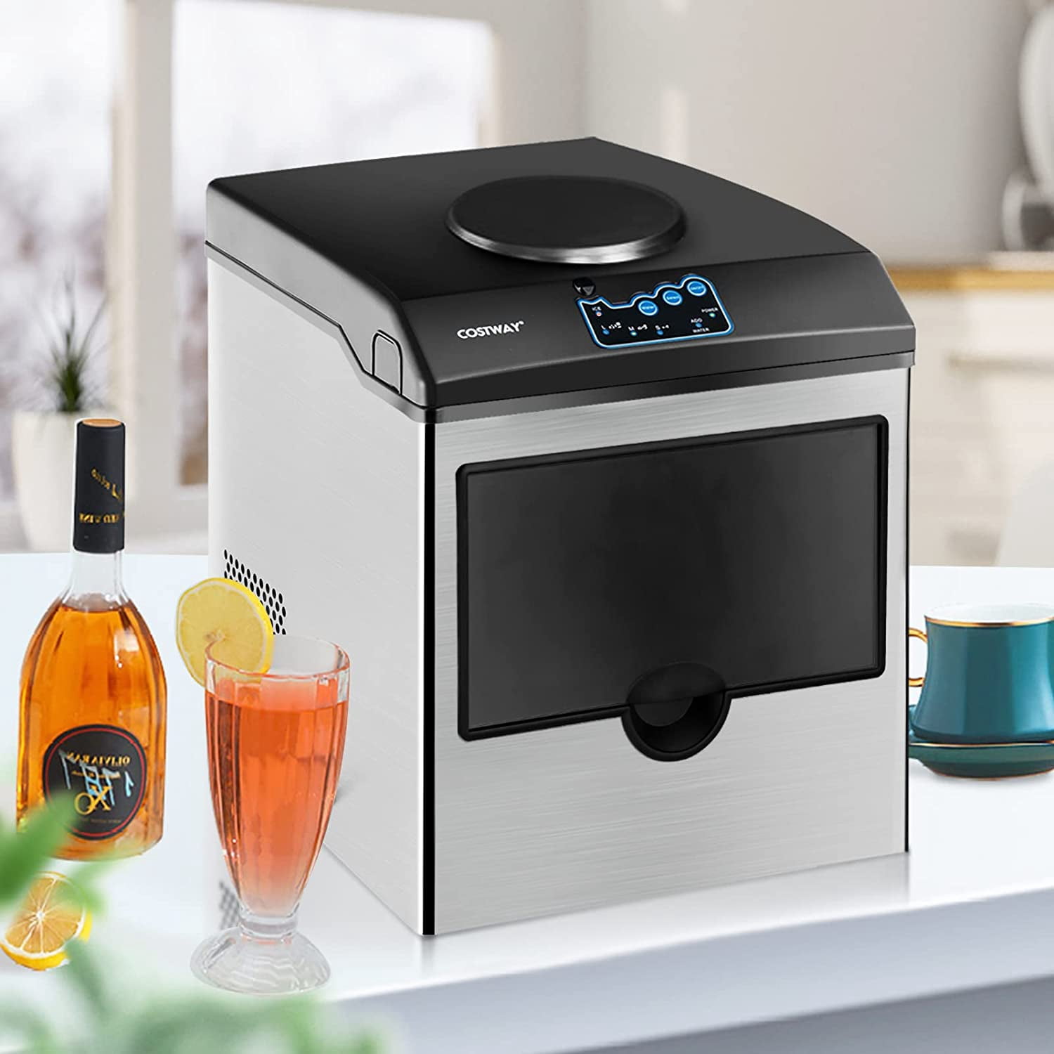 2-in-1 Stainless Steel Ice Maker with Water Dispenser, Daily 48LBS Ice Production, Portable Countertop Ice Machine, Adjustable Ice Size, Fast Ice Making & Cold Water Dispensing for Home Kitchen Offic