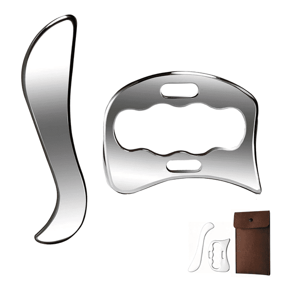 Prichor 2-in-1 Stainless Steel Body Massage & Gua Sha Tool Set, Ergonomic Scraper for Neck Shoulders Back Legs, Portable Self-Care Kit