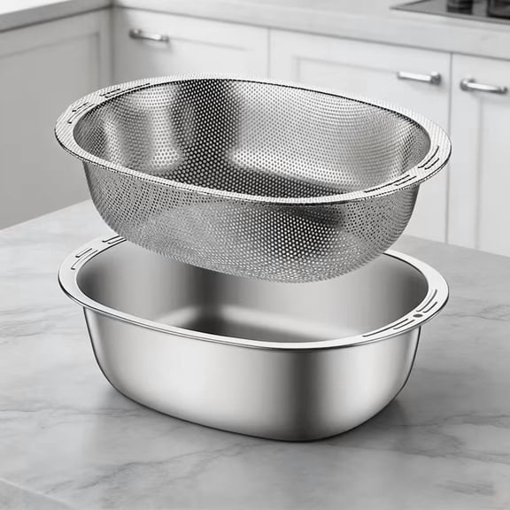 2-in-1 Stainless Steel Rice Washer Colander Set with Basin, Oval Food Strainer for Kitchen