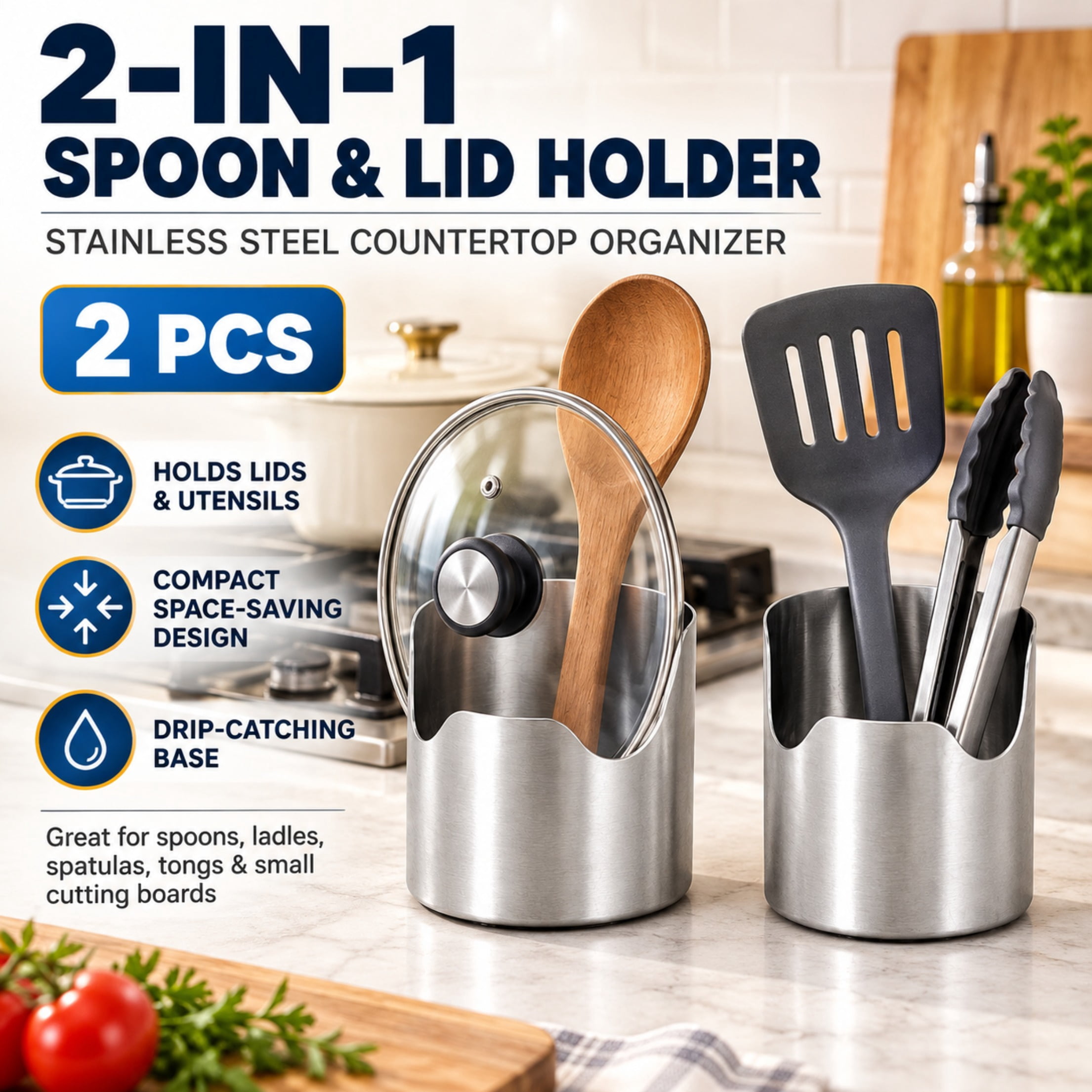 2-in-1 Stainless Steel Spoon and Lid Holder Pot Lid Organizer Utensil ...