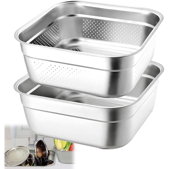 2-in-1 Stainless Steel Washing Up Bowl Set, 12.8" Sturdy Square Dish Tub with Colander, Fruit Vegetable Washing Basin for Sink, Food Grade Dishpan for Draining Rice, Pasta, Food Strainer Mixing Bowl