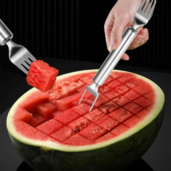 2-in-1 Stainless Steel Watermelon Cutter and Fork Portable Fruit Slicer Tool for Melon, Papaya, Kiwi, with Foldable Design, Easy Push Cutting Action, Juice Guard