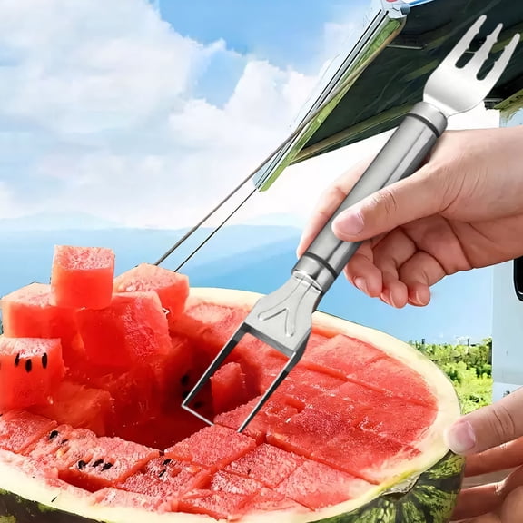 2-in-1 Stainless Steel Watermelon Cutter, Fruit Slicer and Fork Set for Quick and Easy Watermelon Slicing, Portable Tool for Home Use
