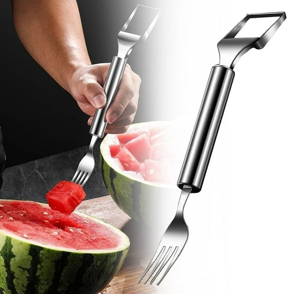 2-in-1 Stainless Steel Watermelon Cutter, Multifunctional Fruit fork and Slicer tool, Kitchen Gadget for Cubing Melon, Pineapple, and Dragon Fruit, Reusable Picnic Utensil