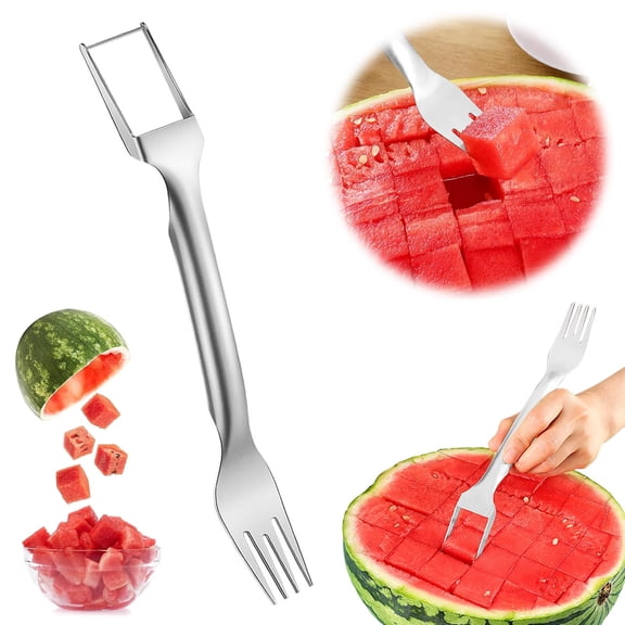2-in-1 Stainless Steel Watermelon Cutter Slicer, Dual Head Fruit Cube Cutter & Melon Fork Tool