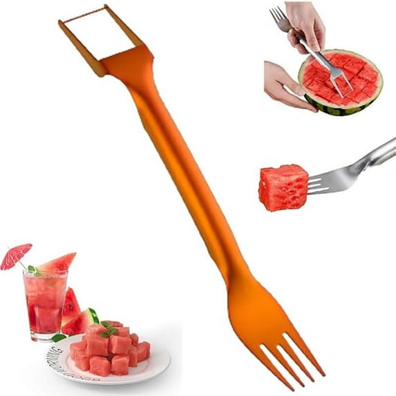 2-in-1 Stainless Steel Watermelon Cutter, Watermelon Slicer & Fork, Fruit Cutter Tool for Watermelon, Mango, Pitaya, Portable for Camping, Picnics, Home, Parties