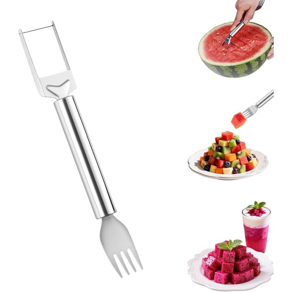 2-in-1 Stainless Steel Watermelon Cutter and Fork for Easy Fruit Cubes and Serving
