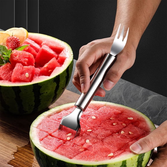 2-in-1 Stainless Steel Watermelon Slicer & Fork Tool, Dual-Ended Fruit Cutter Knife for Cubes, Compact Portable Picnic Gadget for Summer Melons, 8.66in
