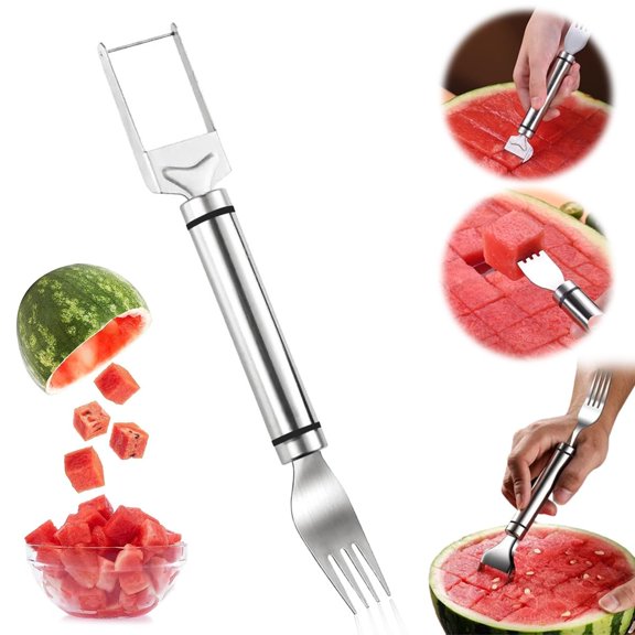 2-in-1 Stainless Steel Watermelon Slicer & Fruit Carver, Dual-Head Cutter Knife & Melon Scoop for Home Kitchen - 9.25 Inch