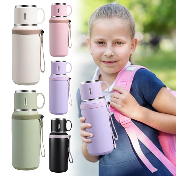 2-in-1 Stainless Vacuum Insulated Bottle with Lidded Cup, Double-Layer Travel Flask for Hot Cold Drinks, Black 23x8cm