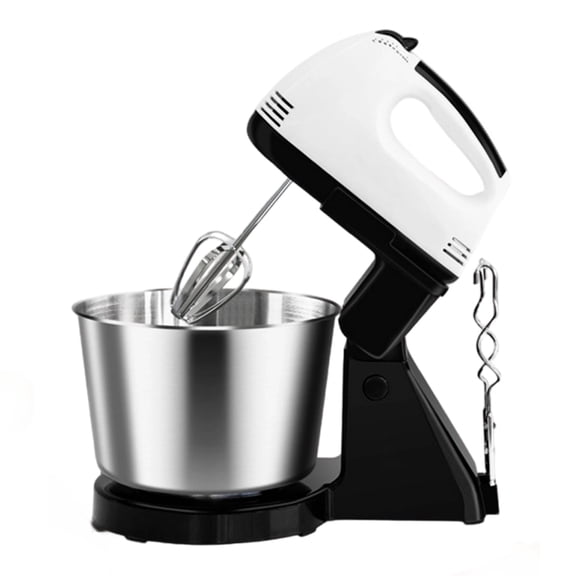 2-in-1 Stand and Hand Mixer with Stainless Steel Bowl, 7 Speed Electric Baking Mixer, Handheld Kitchen Mixer with US Plug for Whipping, Mixing, Cake, Cream, Dough, White & Black