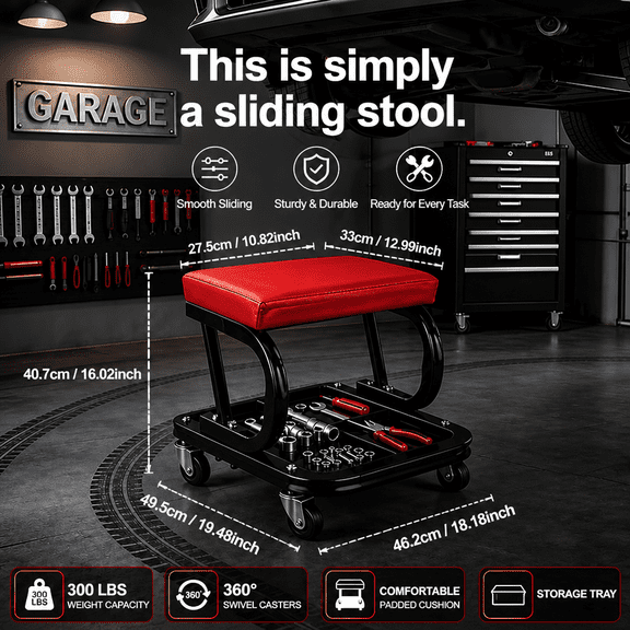 2-in-1 Standard & Upgraded Auto Rolling Work Stool, 300 LBS Load with Tool Tray, Thick Cushion & Casters, Auto Repair Creeper for Garage Under-Chassis Maintenance