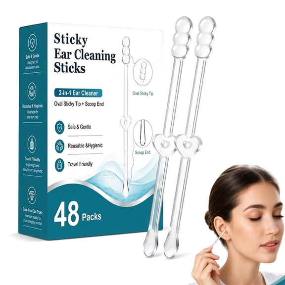 2-in-1 Sticky Ear Wax Remover, Dual-Ended Ear Cleaning Stick with Adhesive Tip & Ear Scoop, Gentle Reusable Ear Cleaner for Adults & Kids, Portable Travel Ear Care Kit (48 Count)