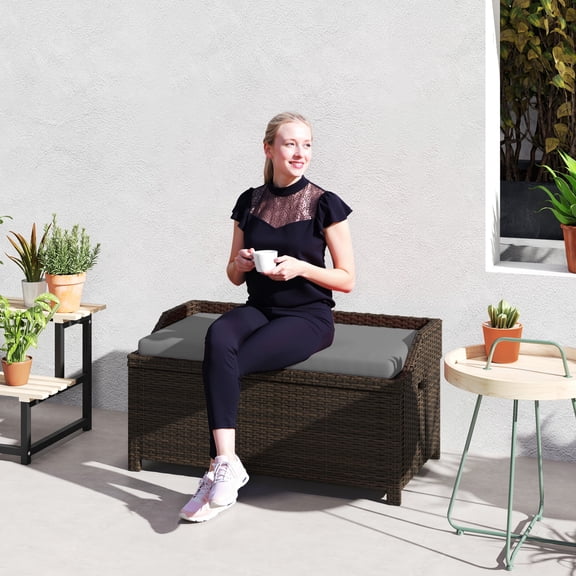 2-in-1 Storage Bench (Aluminum Frame 660LBS Max Load Water-Resistant Removable Cushion, Coated Polyester Storage Bag, Dark Brown Rattan/Gray)