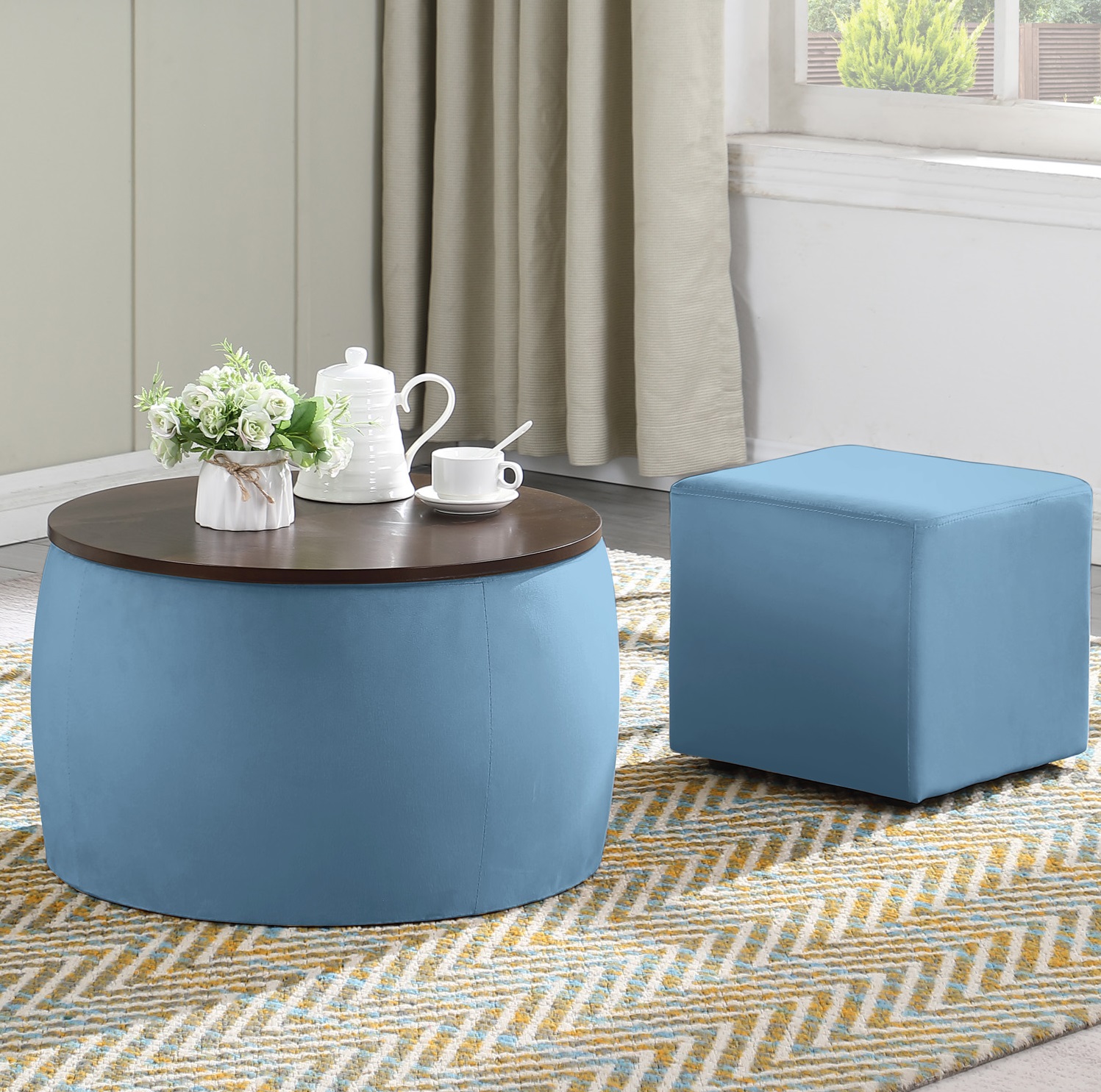 2 in 1 Storage Ottoman with Tray, Round Ottoman Coffee Table with Foot Rest, Cube Organizer, End Table for Living Room, LJ421 - image 1 of 6