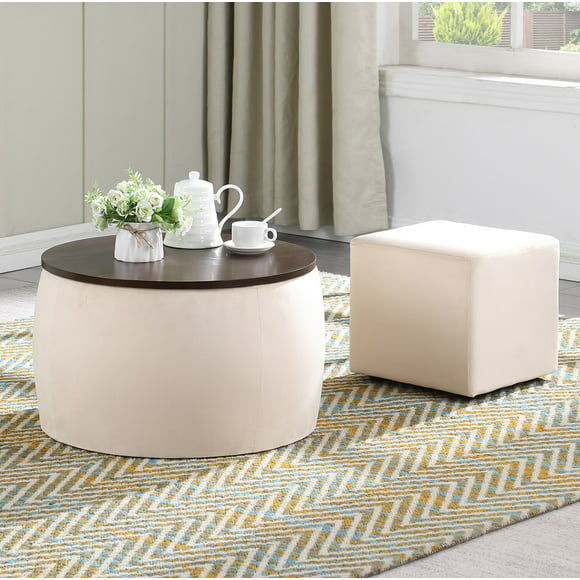 2 in 1 Storage Ottoman with Tray, Round Ottoman Coffee Table with Foot Rest, Cube Organizer, End Table for Living Room, LJ422