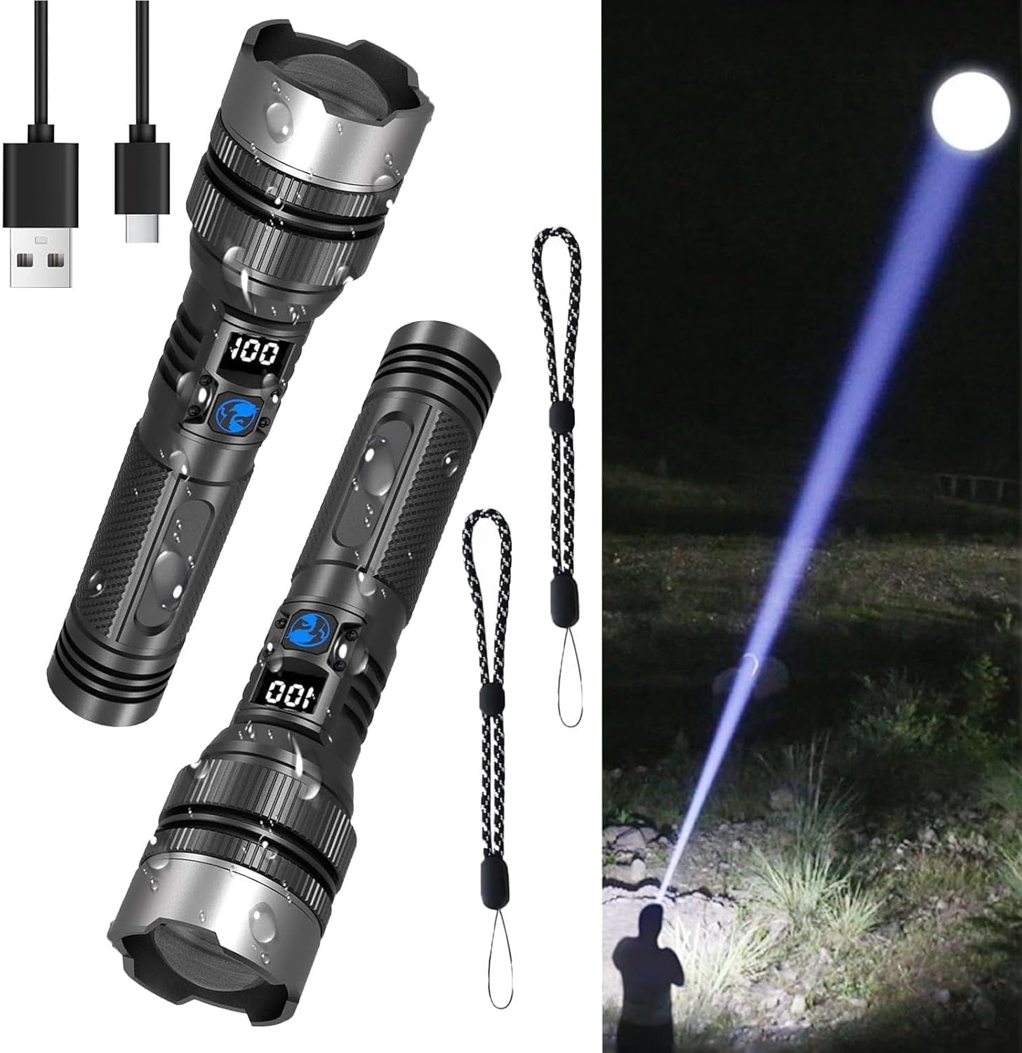 2-in-1 Strong Flashlight , LED Rechargeable Flashlights, IPX7 Waterproof Flashlights, 2-in-1 High Lumens, Power Bank and Digital Display, Suitable Outdoor Camping