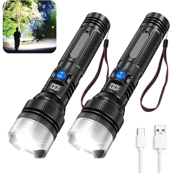 2-in-1 Strong Flashlight , Type-C Fast Charging & 16-Hour Runtime, 3 Modes, Telescopic Zoom, Waterproof, Compact Handheld Flashlight for Camping, Hiking, Hurricane Prep