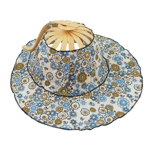 2 in 1 Sunhat Foldable Bamboo Hand Fan Floral Sunscreen Cap for Travelling flower