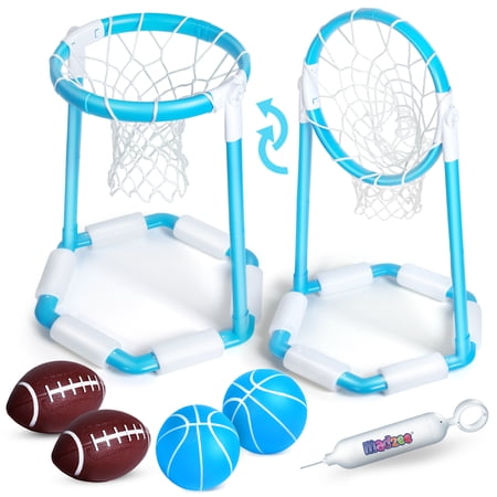 2-in-1 Swimming Pool Floating Pool Basketball Hoop and Football Set - Poolside Set with 4 Inflatable Balls and Pump, Fun Summer Toy for Kids and Adults