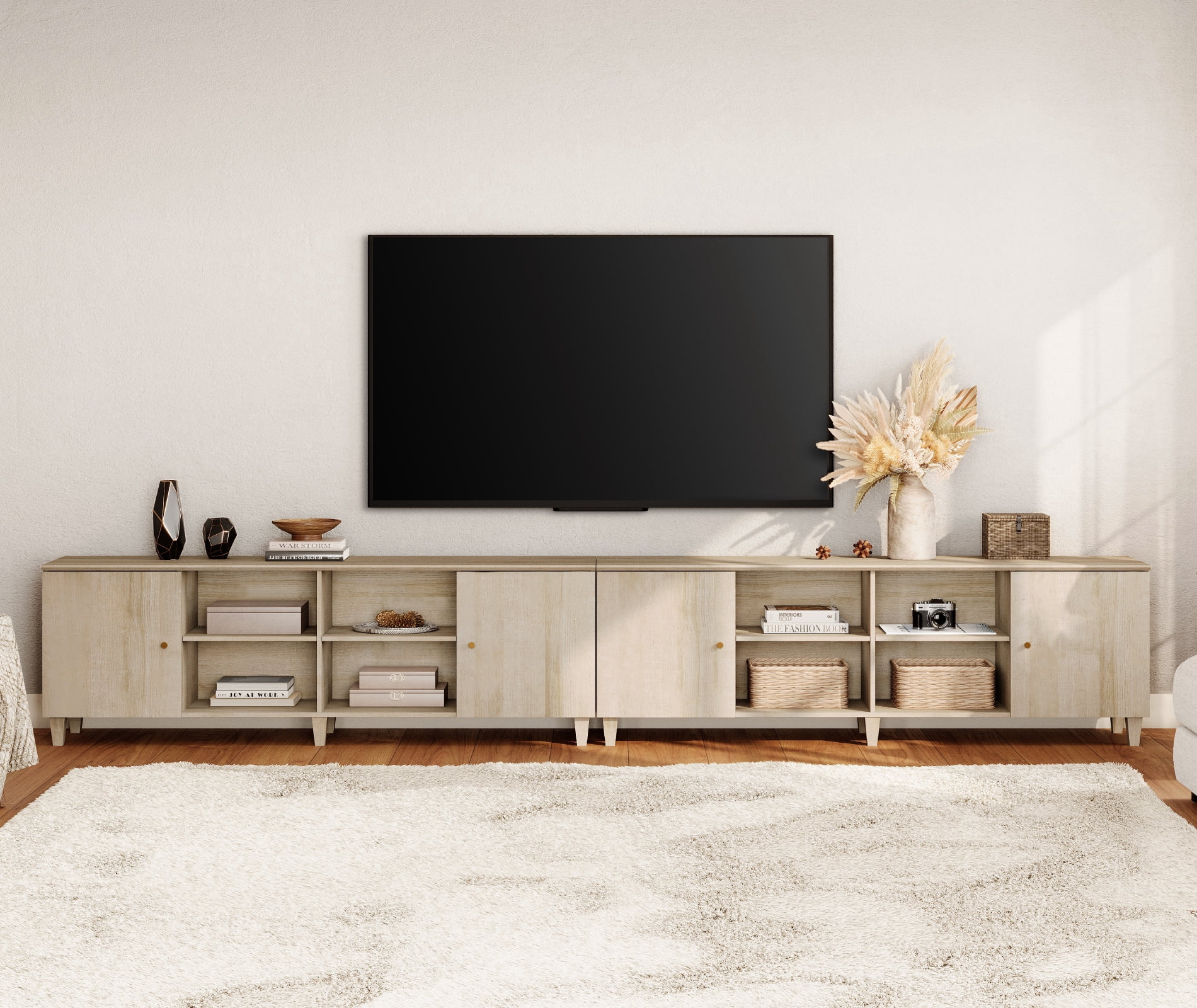2-in-1 TV Stand Cabinets for 100+ Inches TVs, Modern Farmhouse Wood Entertainment Center with Door, Light Oak