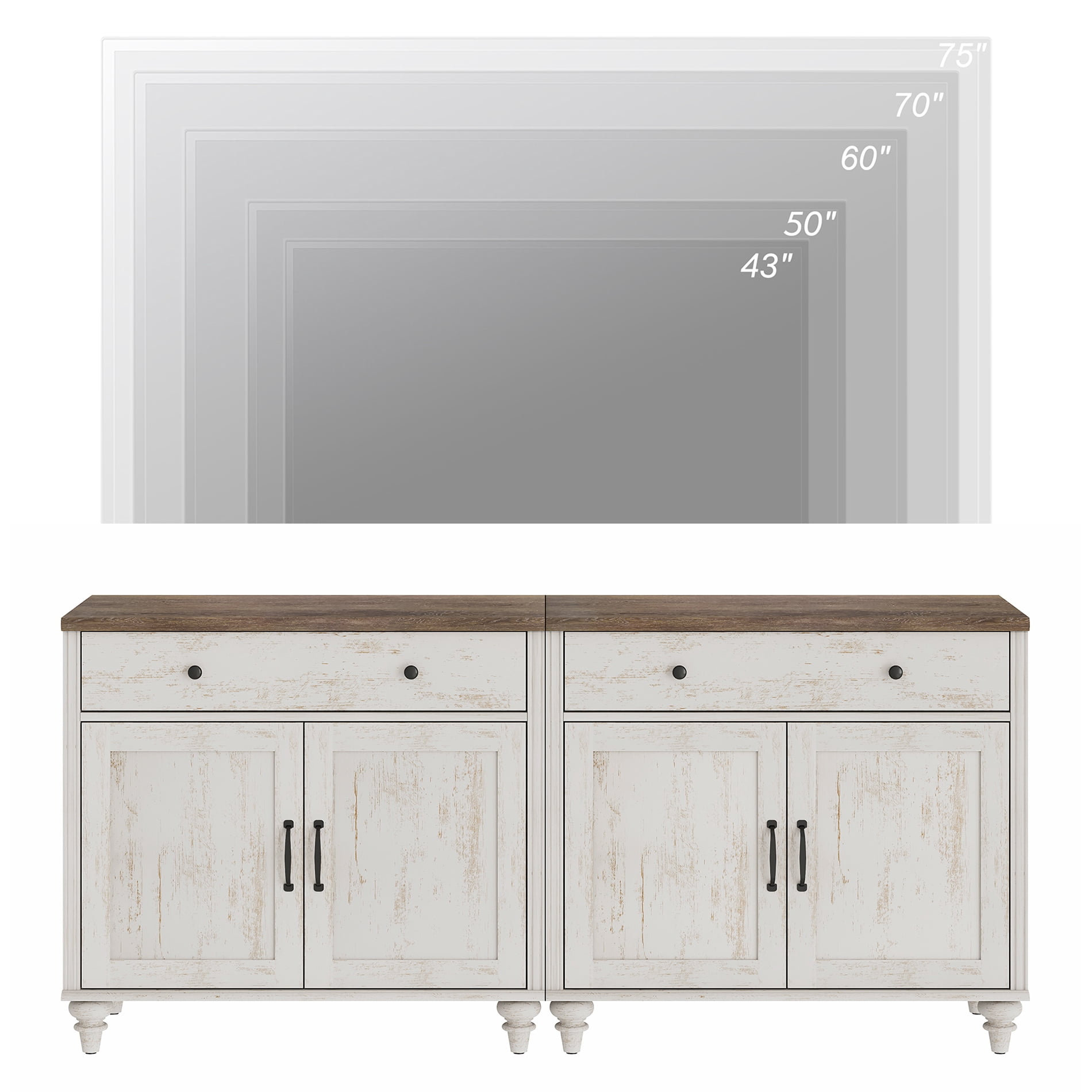 2-in-1 TV Stand, Farmhouse Wood Console Table Storage Cabinet for Living Room, Kitchen Sideboard Buffet Cabinet With Glass Door for Dining Room, Rustic White