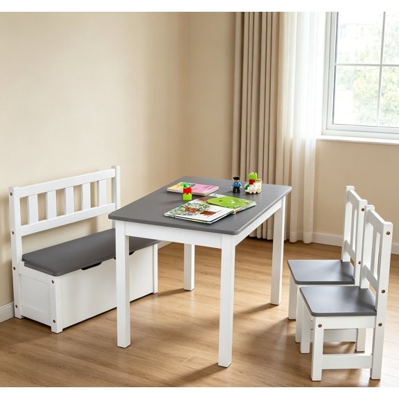 2-in-1  Table and Set, Wood Activity Table with  Storage Bench & 2 for Reading, Arts, Crafts, Snack Time, Homework, Playroom,  Grey