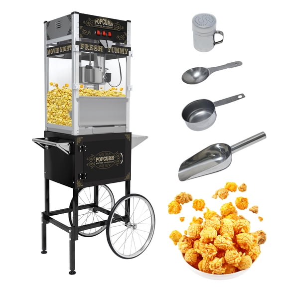 2-in-1 Tabletop/Cart 20-Ounce Commercial Popcorn Machine - 1440W Nostalgia Popcorn Maker with Tempered Glass & Storage Cabinet, Movie Pop corn Machine for Parties, Events & Home Theater (Black)