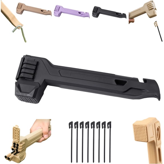 2-in-1 Tent Stake Hammer with Built-In Storage for 8 Stakes and Stake Puller, Large Anti-Slip Head, Easy nail removal, Camping Mallet for Outdoor Camping Hiking Backpacking，Black