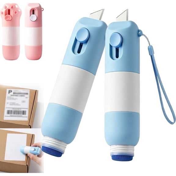 2-in-1 Thermal Paper Eraser & Box Cutter, Water-Based Thermal Paper Eraser Pen with Unboxing Knife for One Smear Printed Text Covering - Liquid Redacting Marker (2pc Blue)