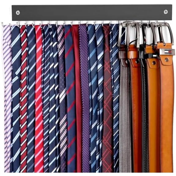 【2 in 1】 Tie Rack Belt Organizer Wall Mounted, Space Saving Tie Hanger for Closet with 20 Storage Hooks, Belt Holder for Closet Organizer Storage