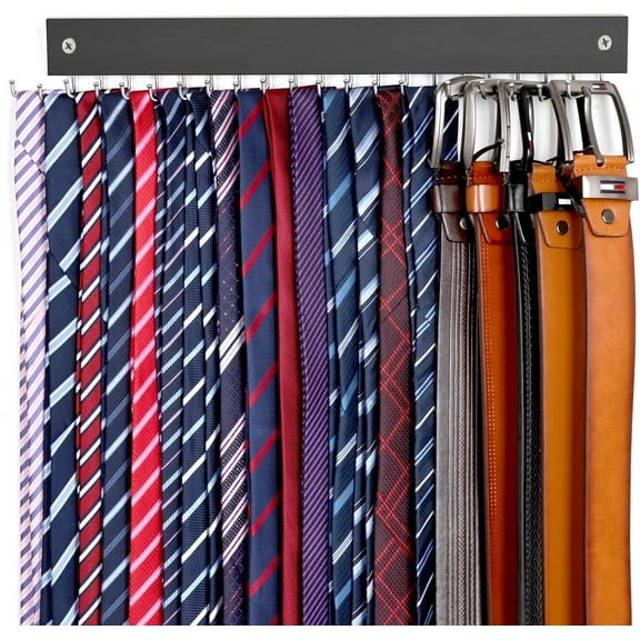 【2 in 1】 Tie Rack Belt Organizer Wall Mounted, Space Saving Tie Hanger for Closet with 20 Storage Hooks, Belt Holder for Closet Organizer Storage